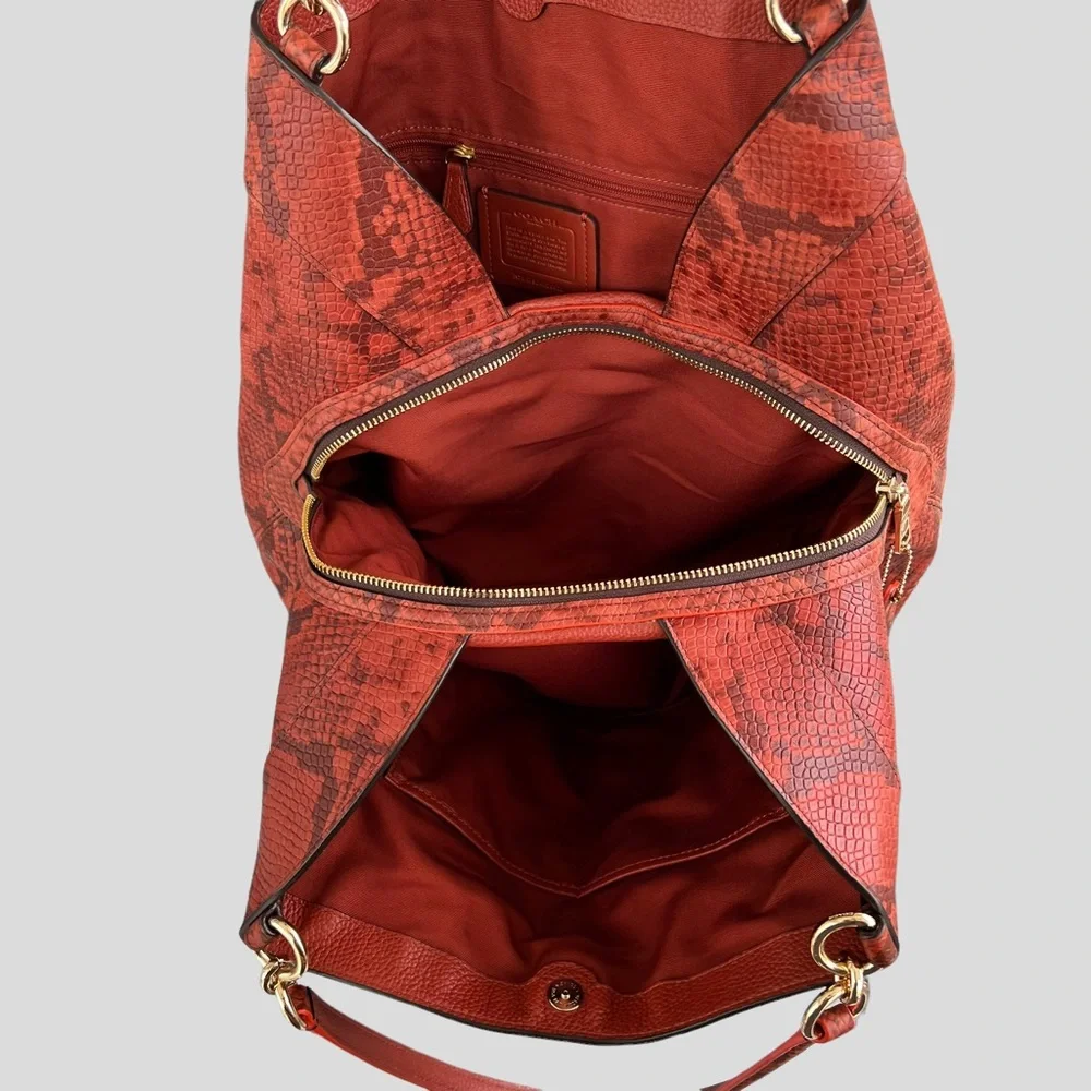 Coach Lexy Orange/Cognac Pebbled Leather Python Embossed Trim Gold Tone Hardware - Picture 13 of 15